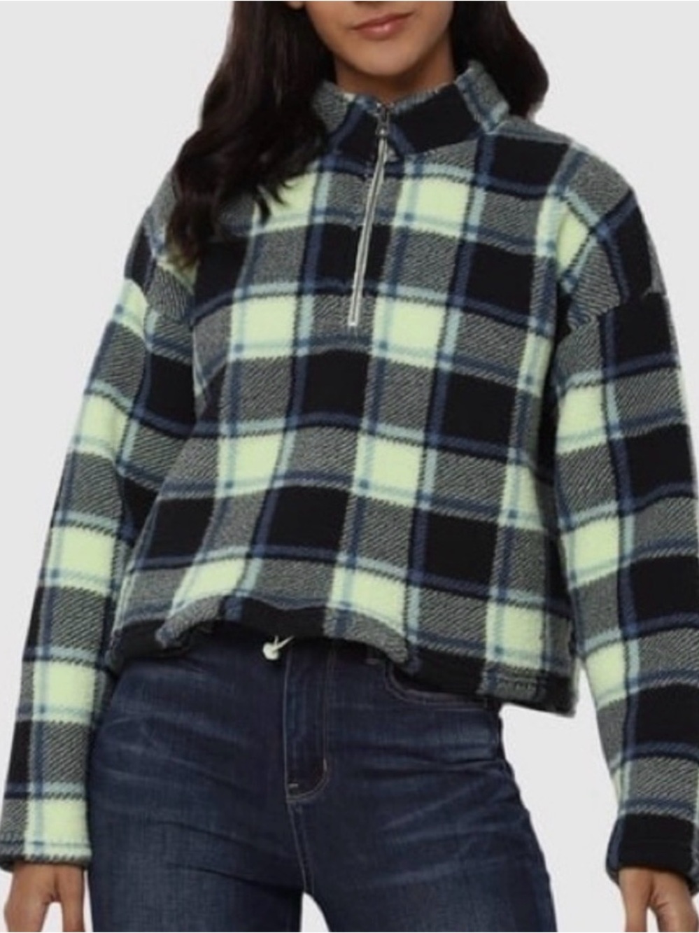 American Eagle Green Blue Plaid Cropped Fleece Quarter Zip Pullover Women’s XS